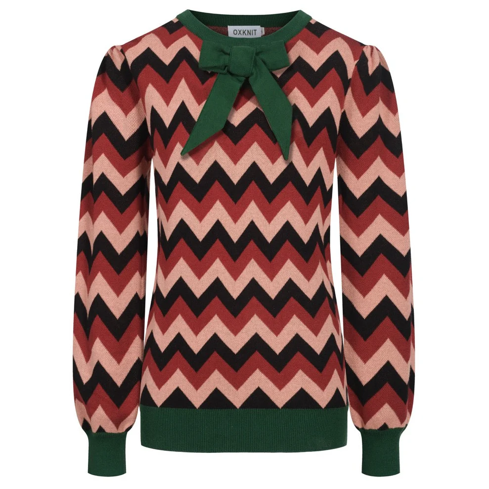 Women's green jacquard bow with bubble sleeve knitwear