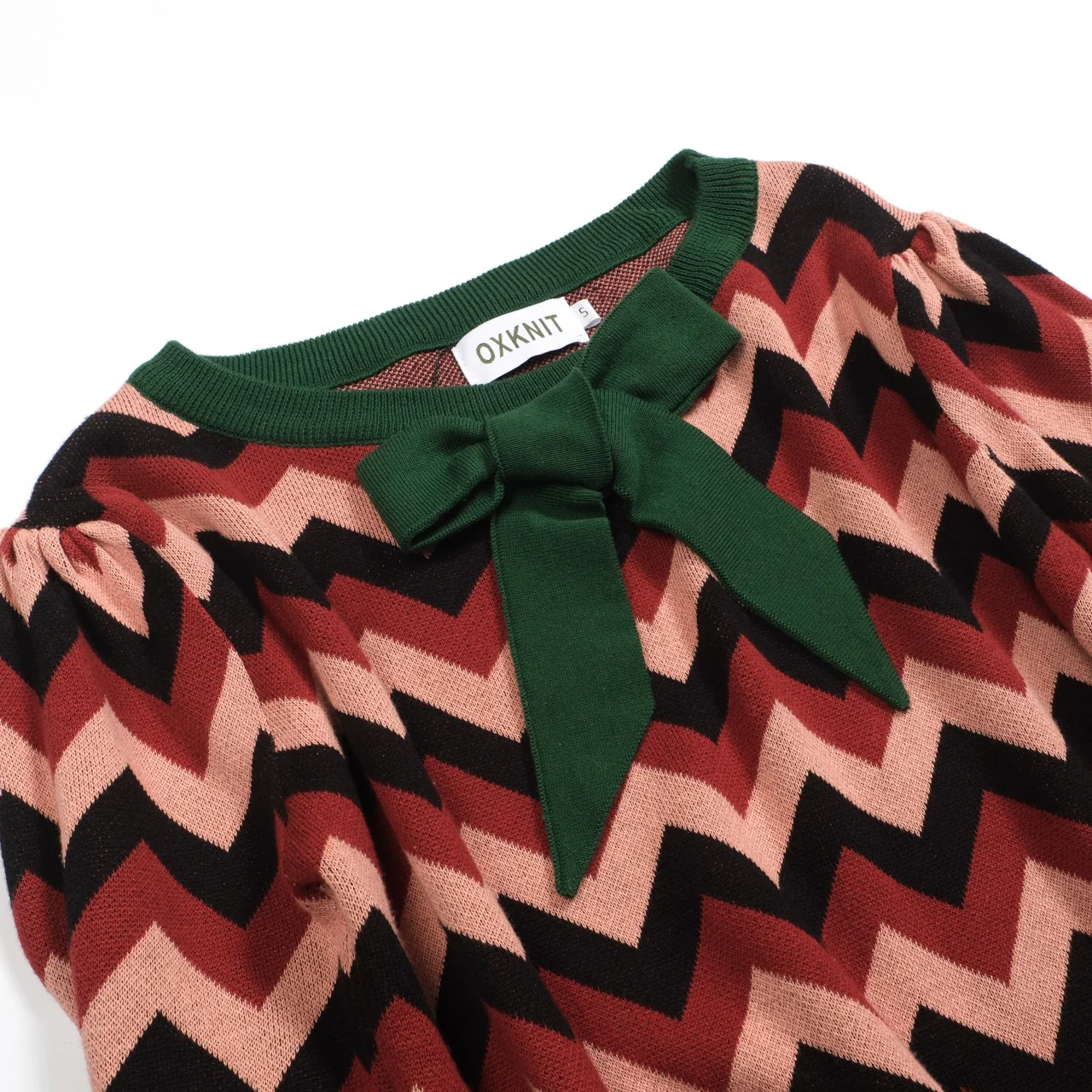 Women's green jacquard bow with bubble sleeve knitwear - Image 10