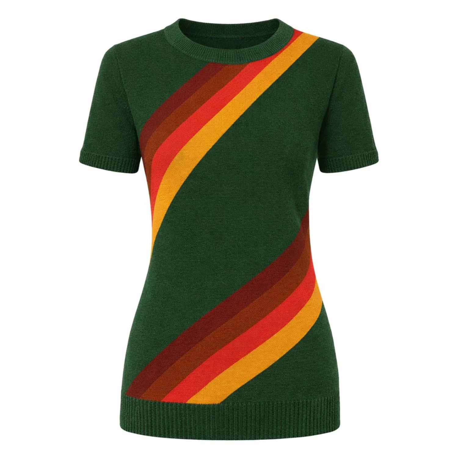 Women's Green Striped Classic Retro Jacquard Knit T-Shirt