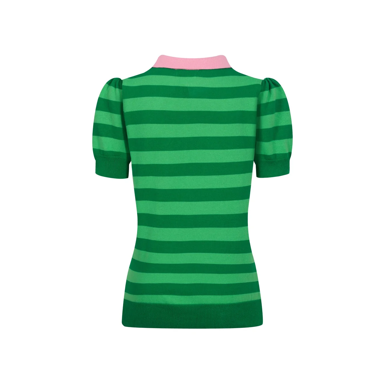Women's green striped puffed sleeve knitted polo shirt - Image 3