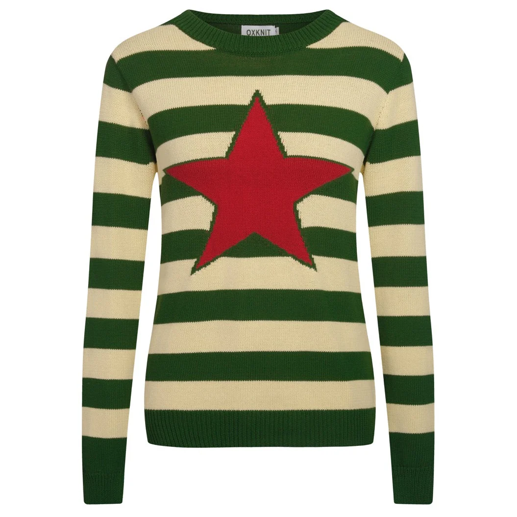 Women's green striped vintage pentacle knitwear-longer sleeves