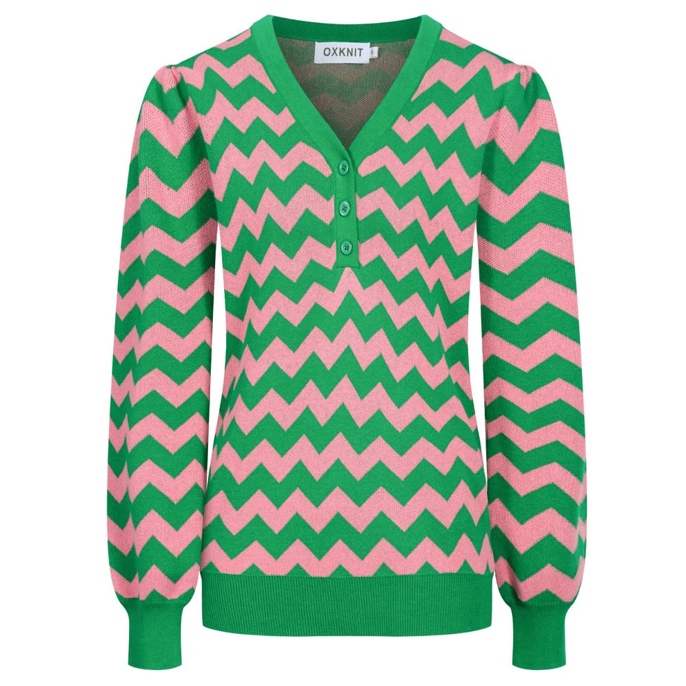 Women's green tooth stripe sleeve V-neck knitwear