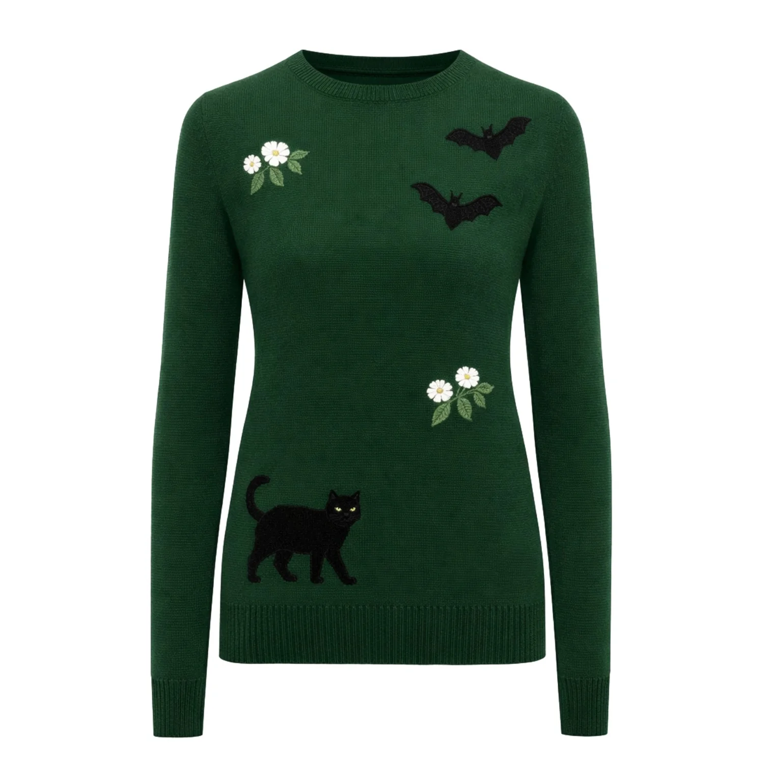Women's green vintage Bat Cat embroidered knitwear