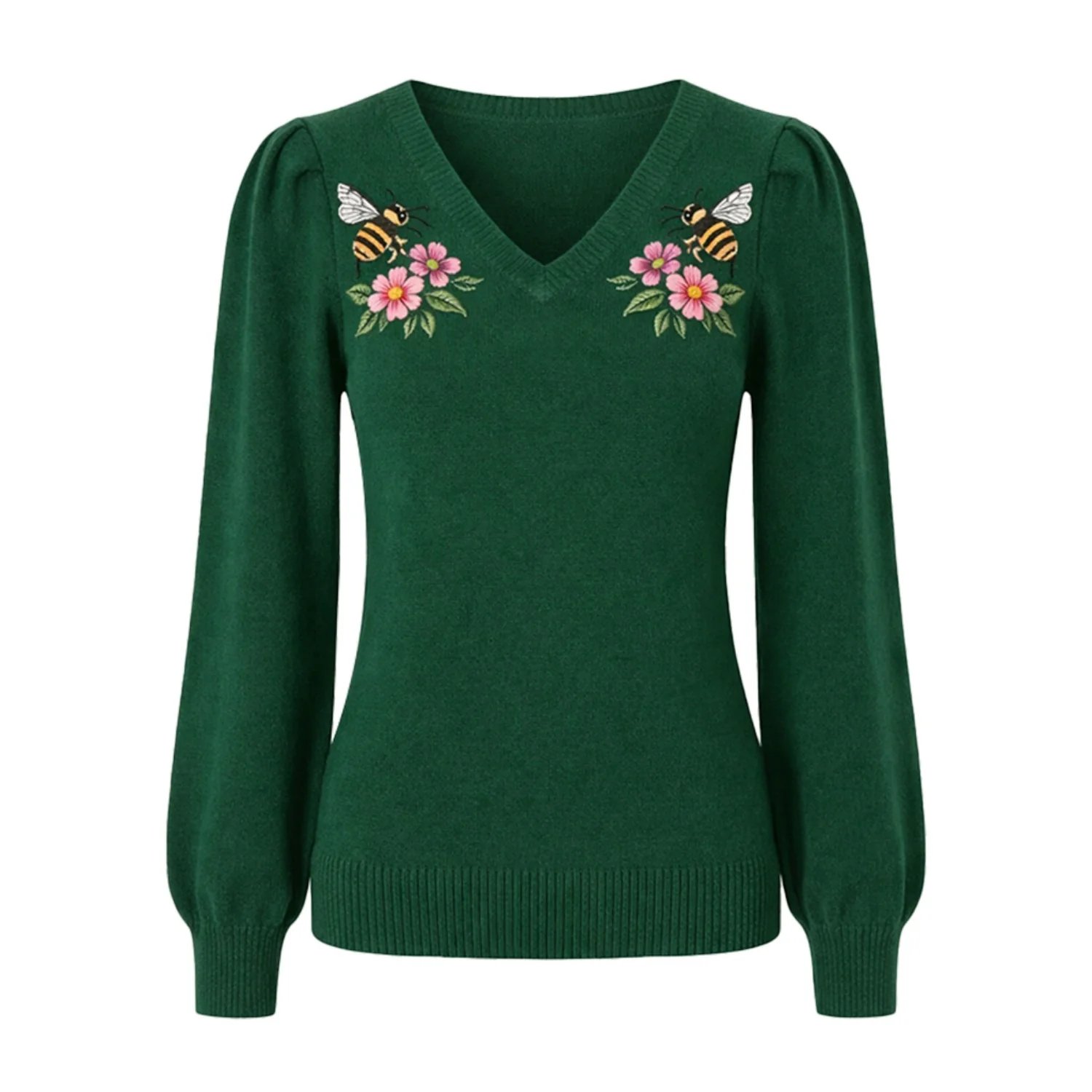 Women's green vintage embroidery bubble sleeve knitwear