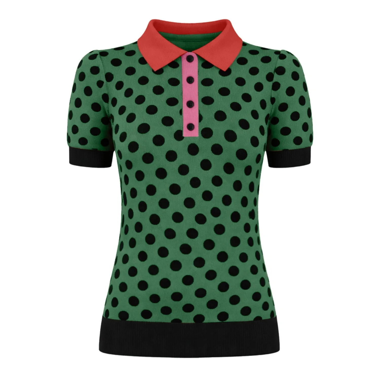 Women's Green Vintage Polka Dot Jacquard Polo Knit T-shirt