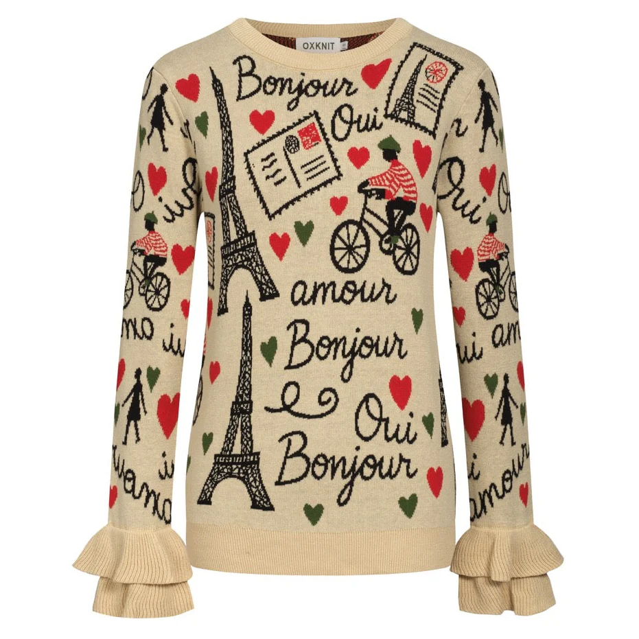 Women's khaki Paris theme jacquard ruffled design knitwear-longer sleeves