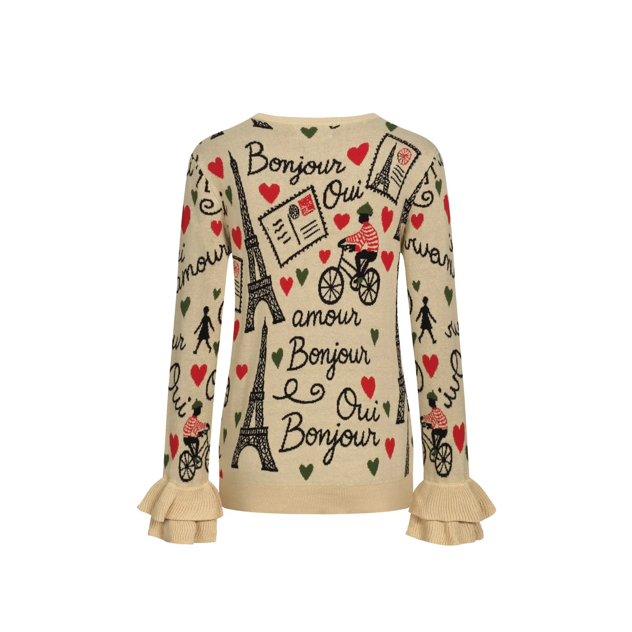 Women's khaki Paris theme jacquard ruffled design knitwear-longer sleeves - Image 3