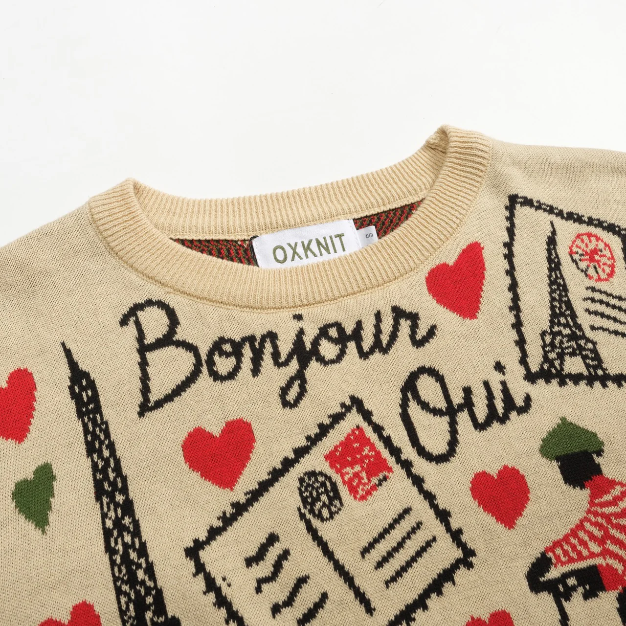 Women's khaki Paris theme jacquard ruffled design knitwear-longer sleeves - Image 4