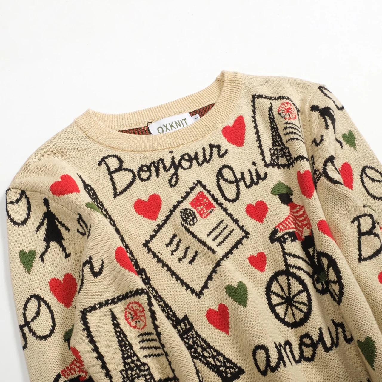 Women's khaki Paris theme jacquard ruffled design knitwear-longer sleeves - Image 9