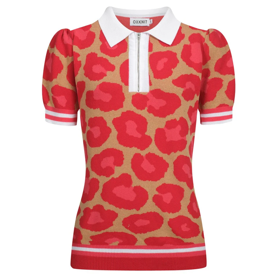 Women's leopard print jacquard V-neck zipper polo shirt