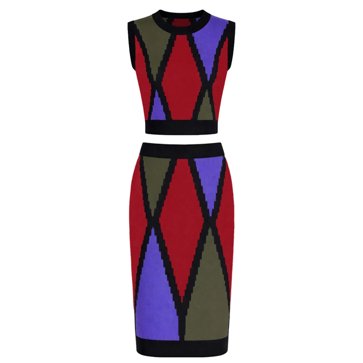 Women's multicolor diamond lattice Jacquard knit vest skirt suit
