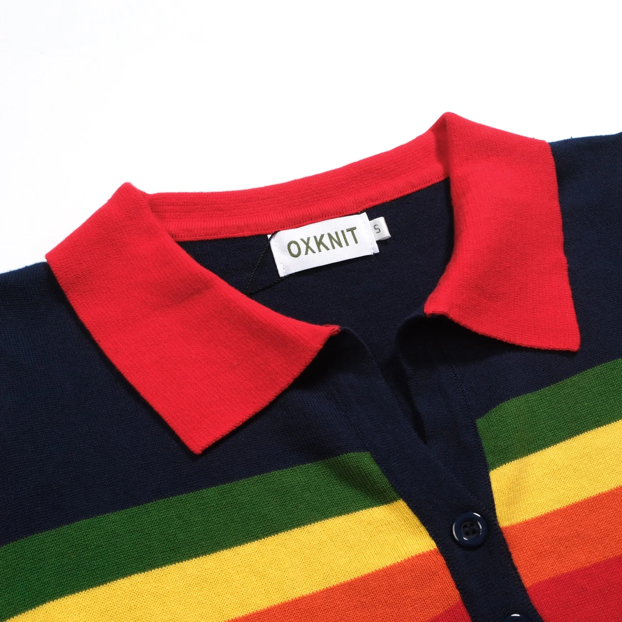 Women's Navy Blue rainbow striped V-neck knitted polo shirt - Image 4