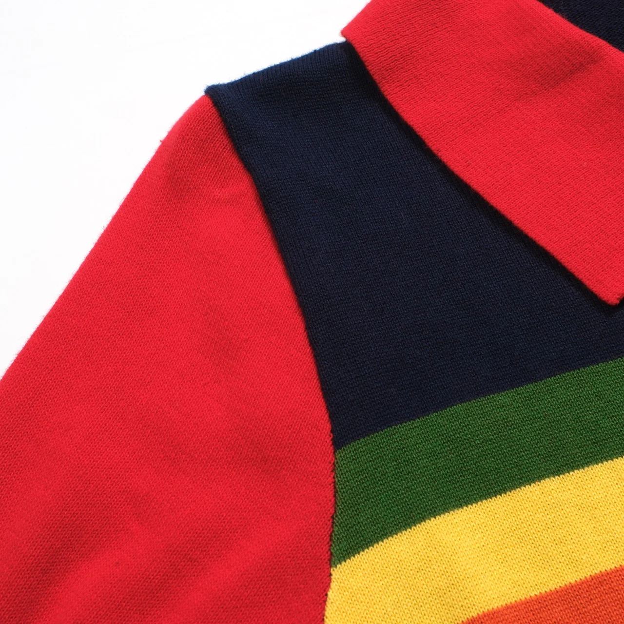 Women's Navy Blue rainbow striped V-neck knitted polo shirt - Image 6