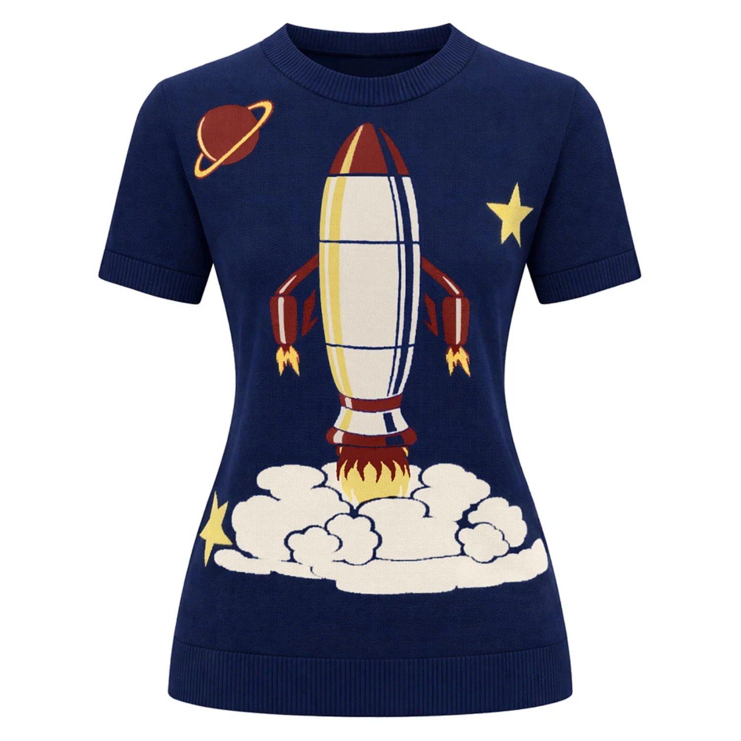 Women's navy blue vintage jacquard universe knit T-shirt