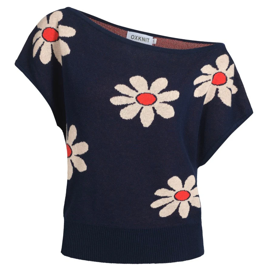 Women's navy knit T-shirt with diagonal shoulder - short version size