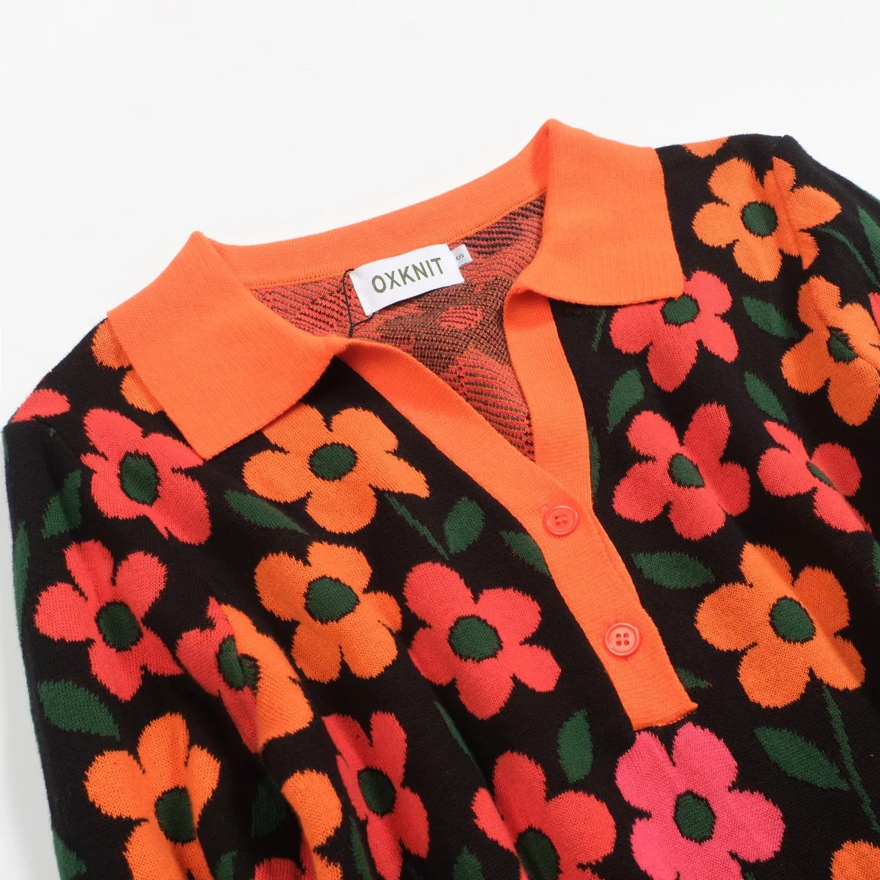 Women's orange floral Jacquard vintage V-neck polo - Image 11