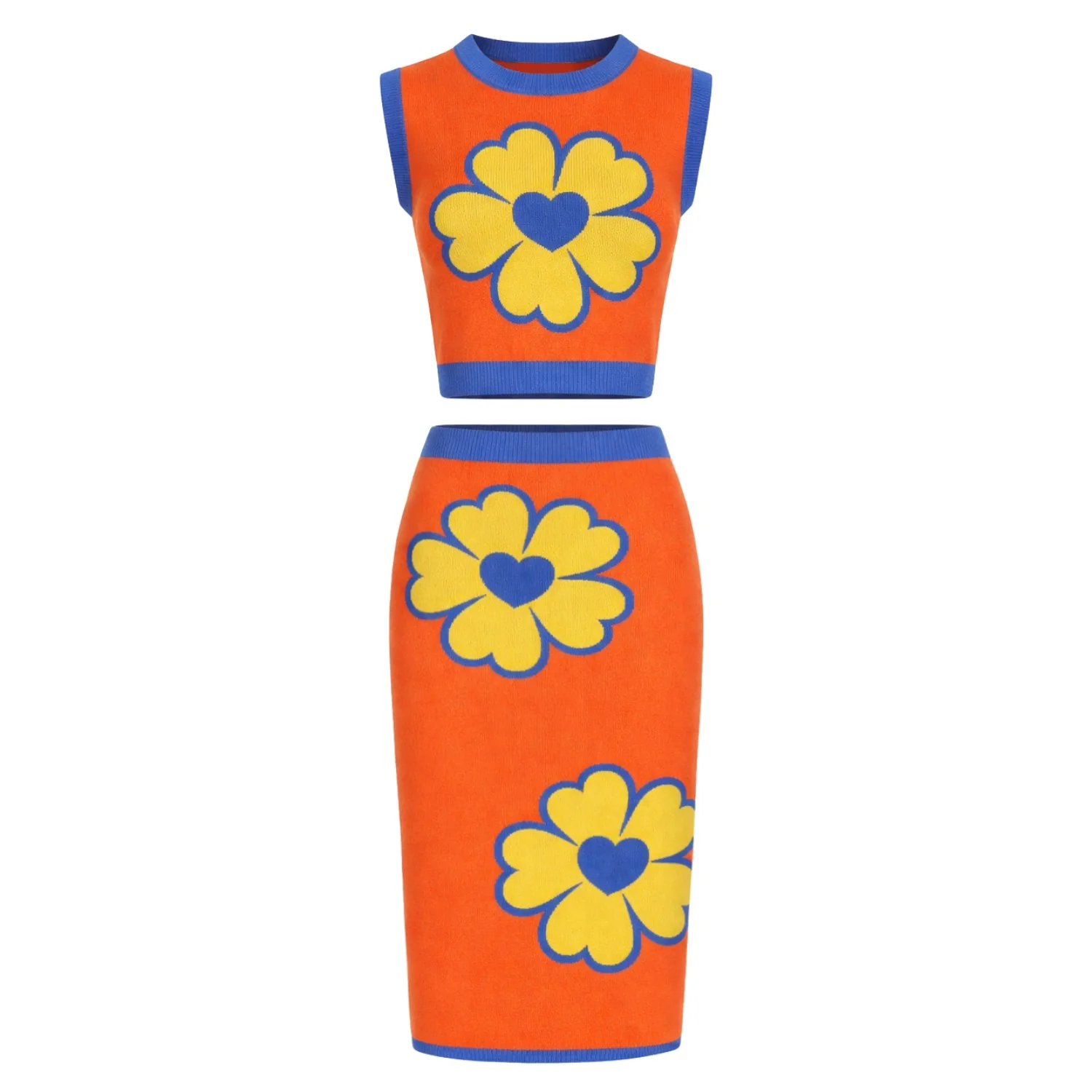 Women's orange vintage flower knit jacquard vest skirt suit
