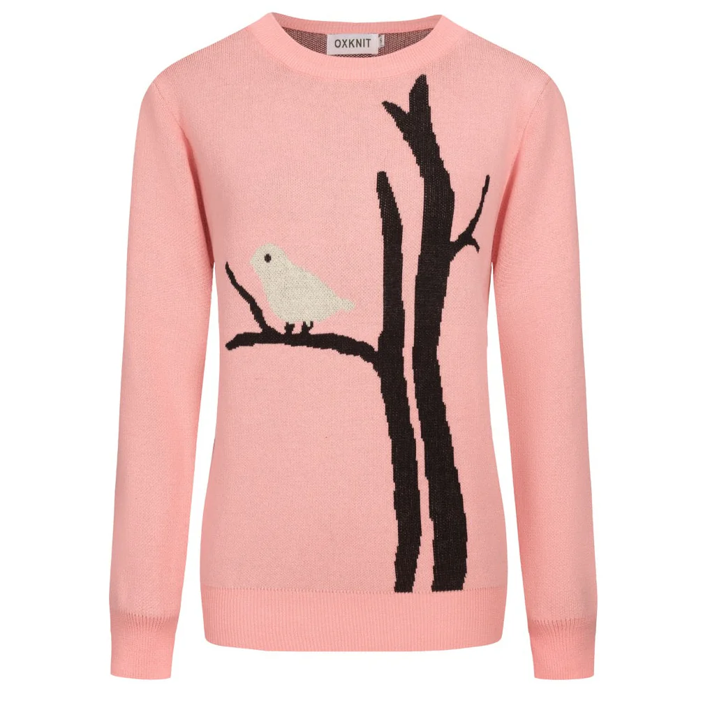 Women's Pink Bird Retro Art Fashion Round Neck Knitwear