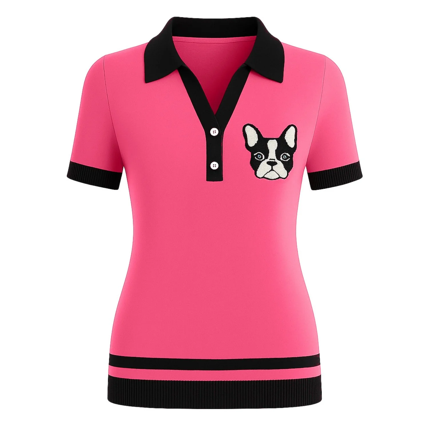 Women's pink dog embroidered V-neck polo shirt