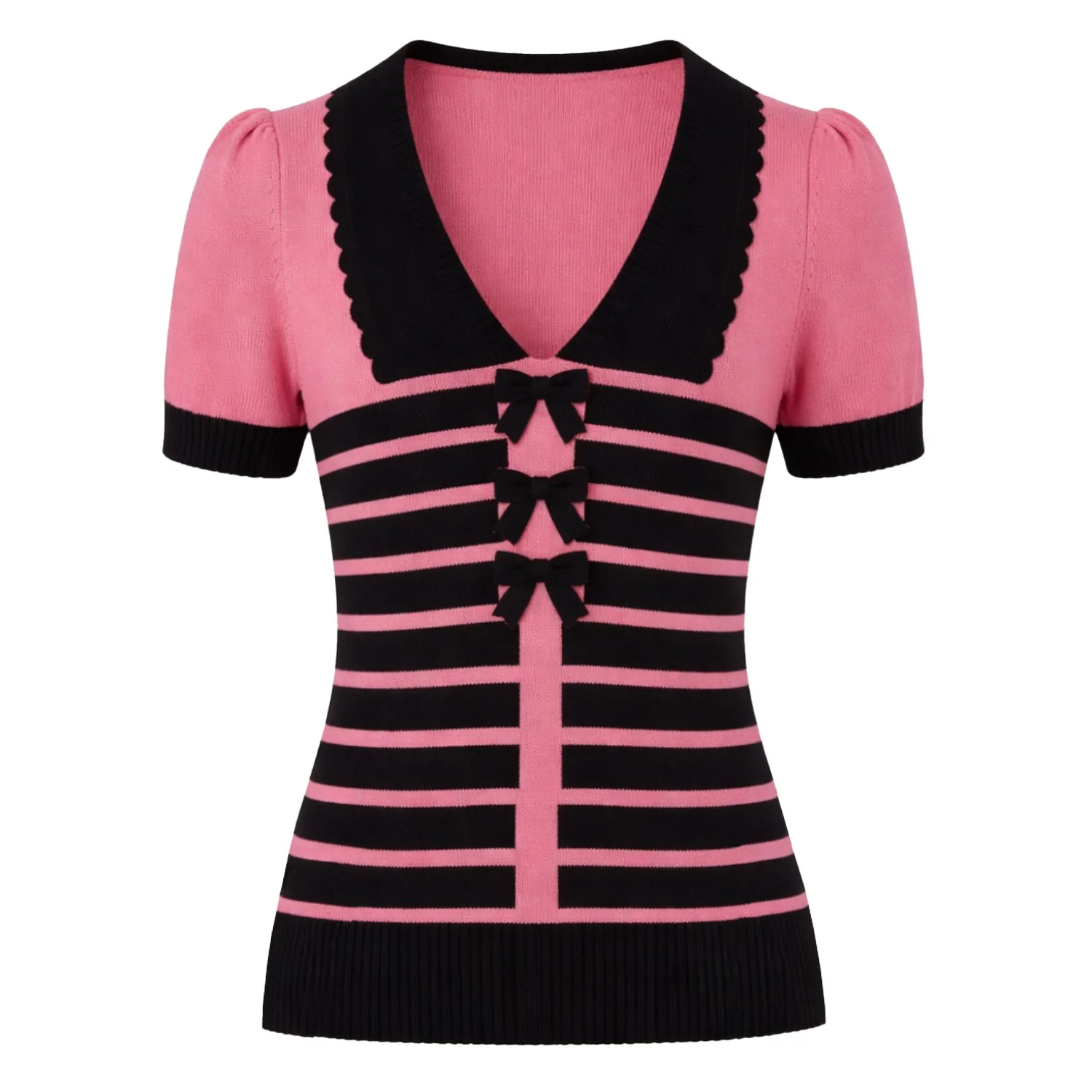Women's pink striped doll collar bow knit T-shirt