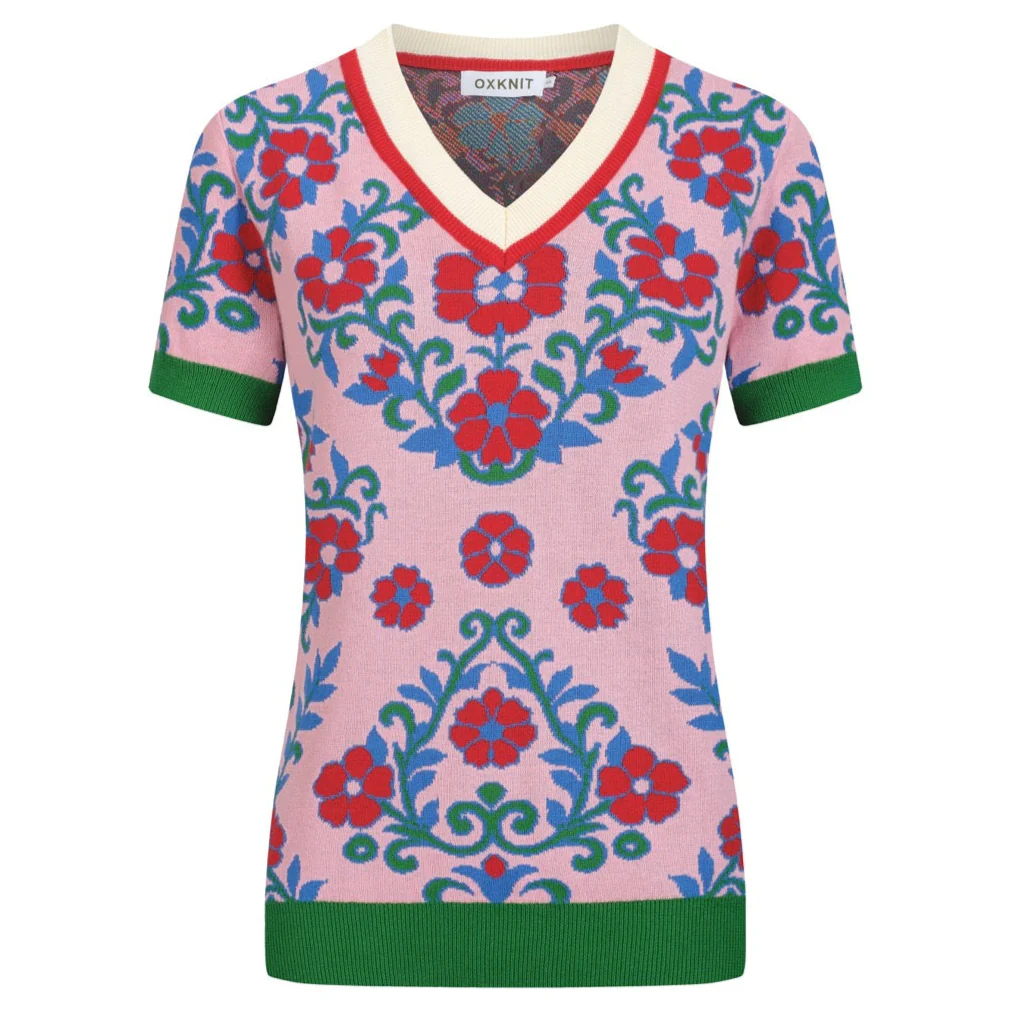 Women's pink vintage floral V-neck knit T-shirt