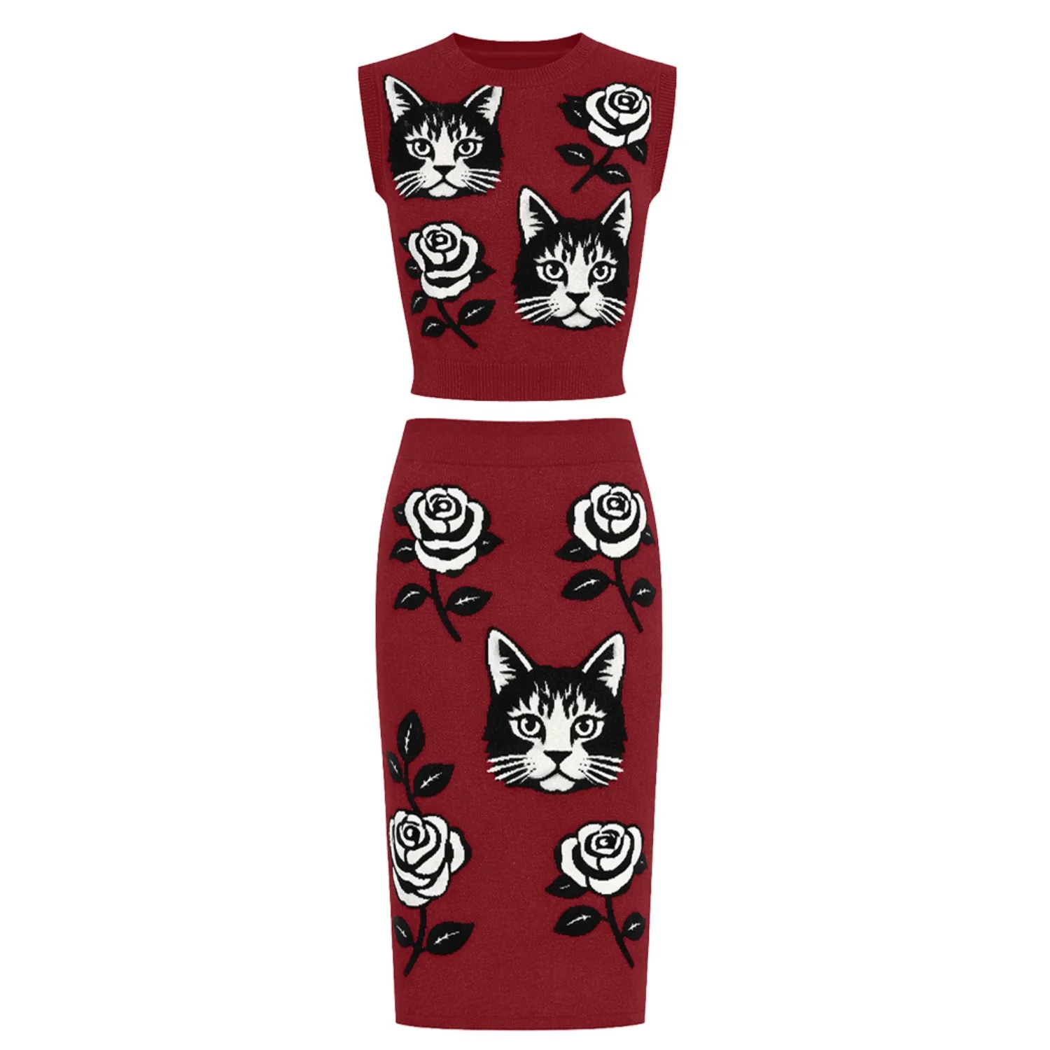 Women's red cat flower Jacquard vintage vest skirt suit