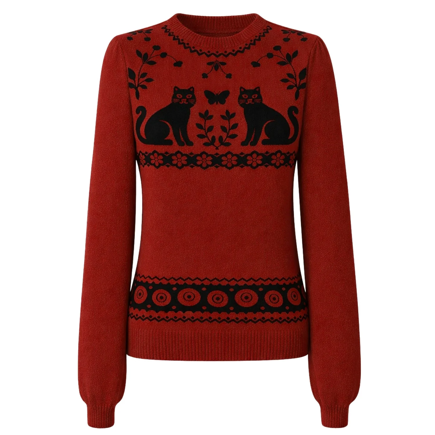 Women's red cat plant jacquard puff sleeve Knitwear