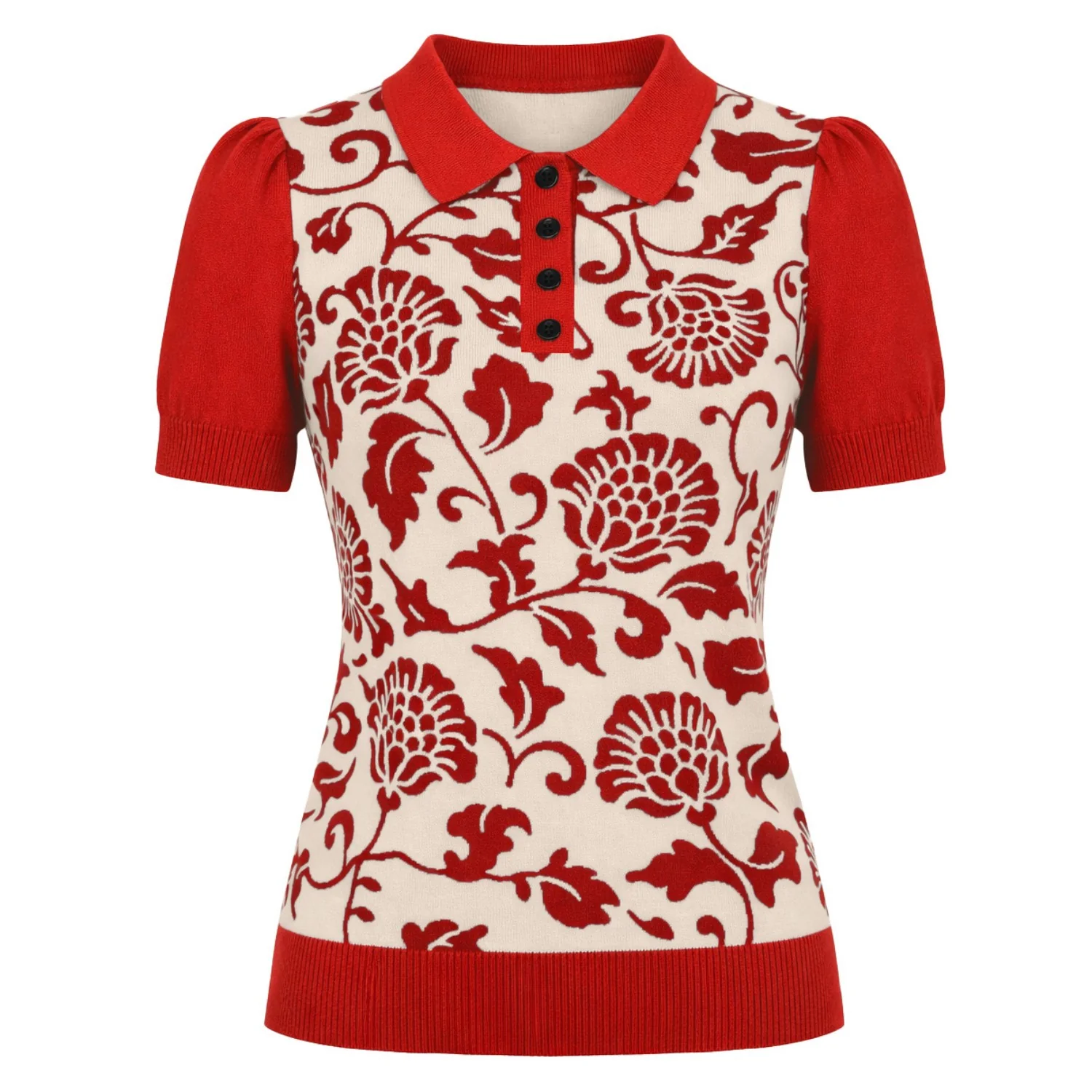 Women's Red Pattern Jacquard Knit T-Shirt