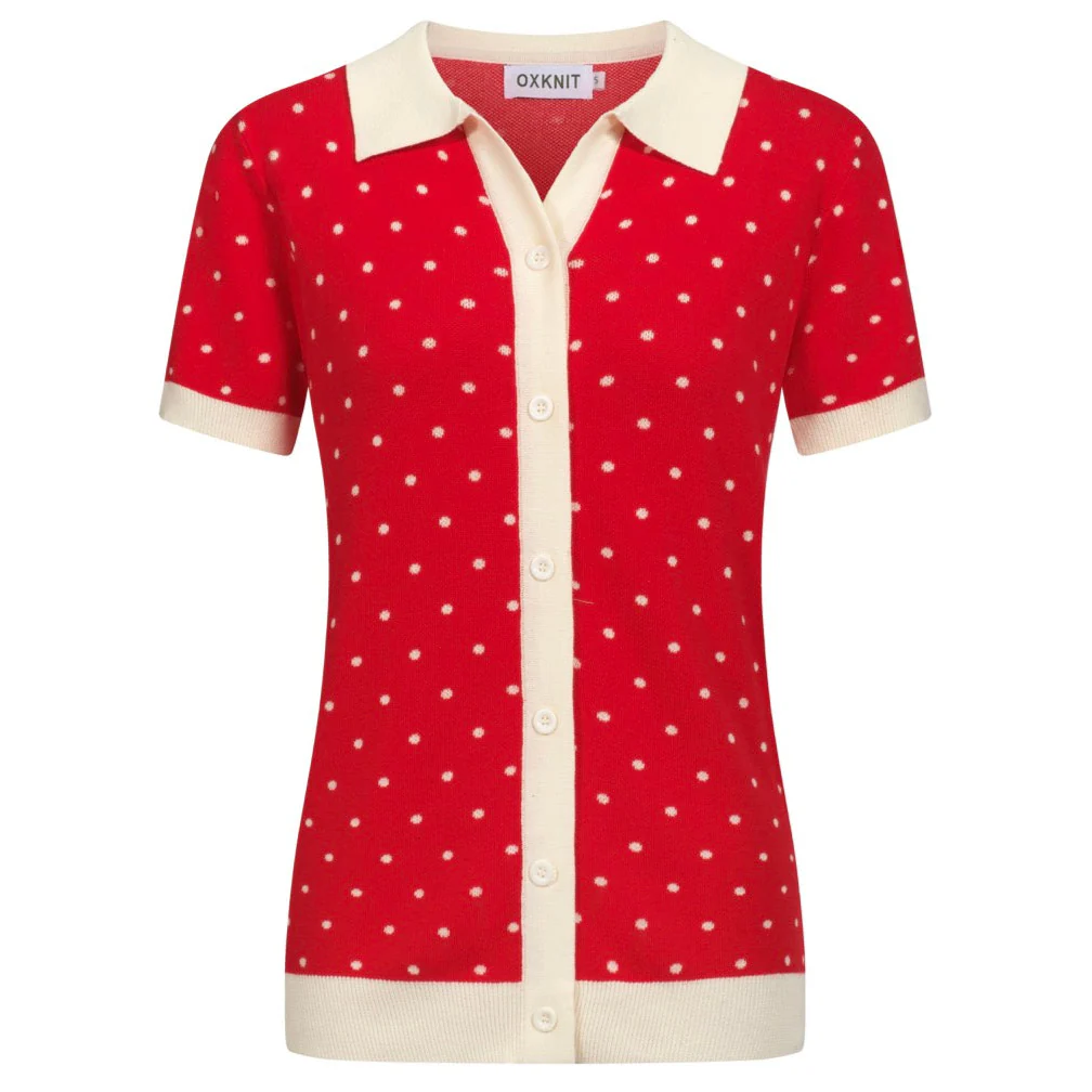 Women's red polka dot jacquard knitted polo shirt