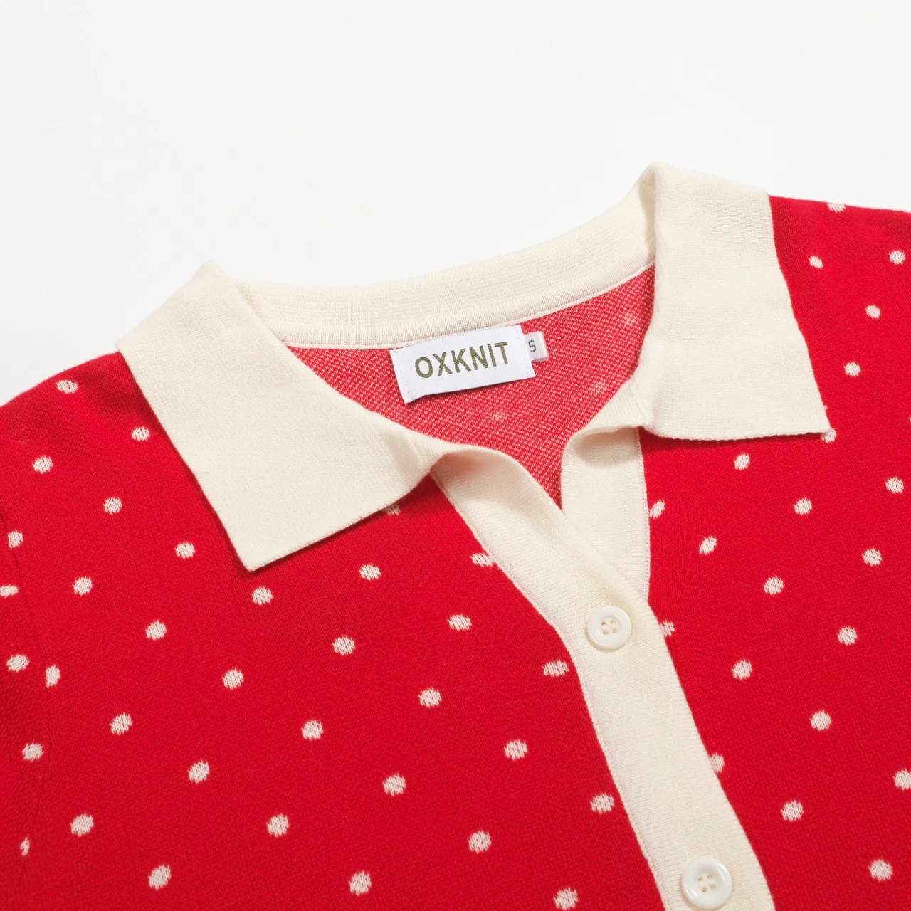 Women's red polka dot jacquard knitted polo shirt - Image 4