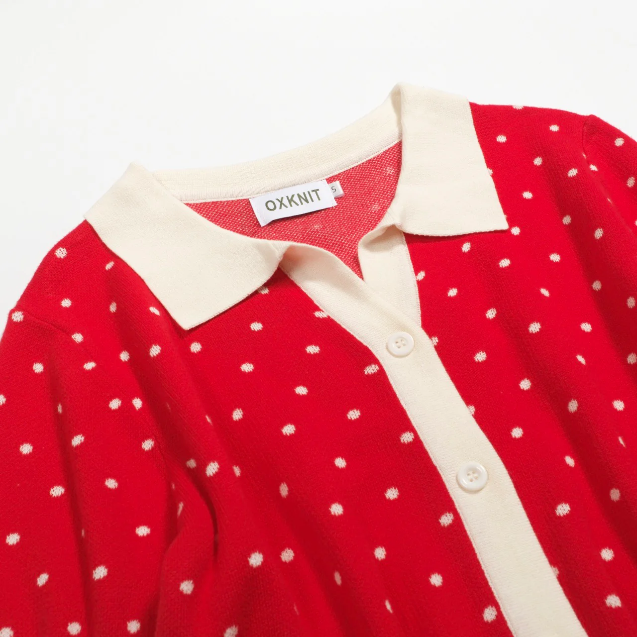 Women's red polka dot jacquard knitted polo shirt - Image 9