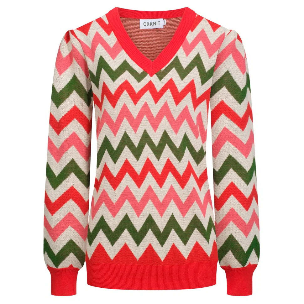 Women's red toothed striped puffed sleeve knitwear