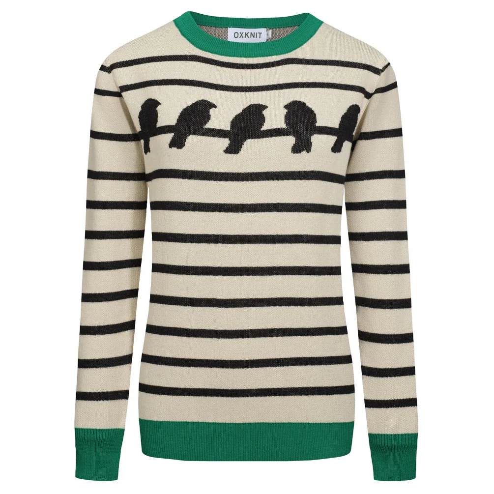 Women's striped bird jacquard vintage knitwear
