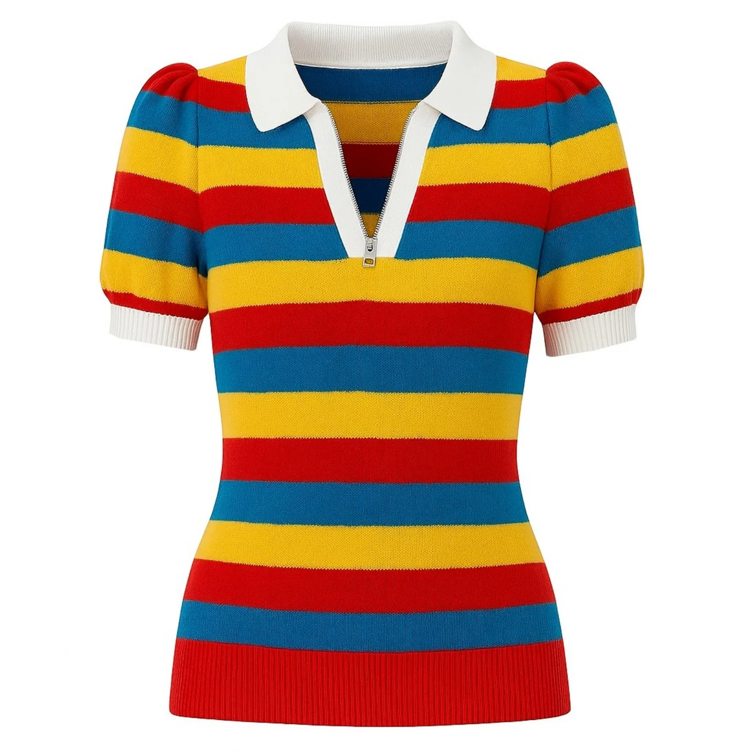Women's striped knitted puff sleeve zipper V-neck polo