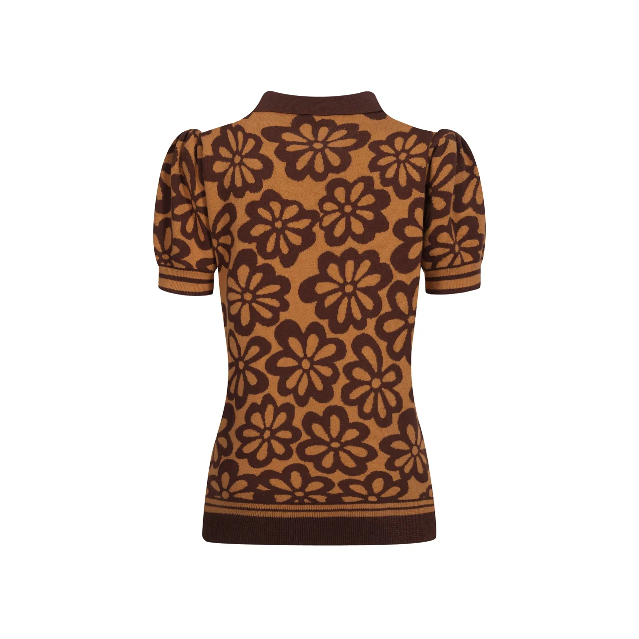 Women's vintage brown jacquard bubble sleeve polo - Image 3