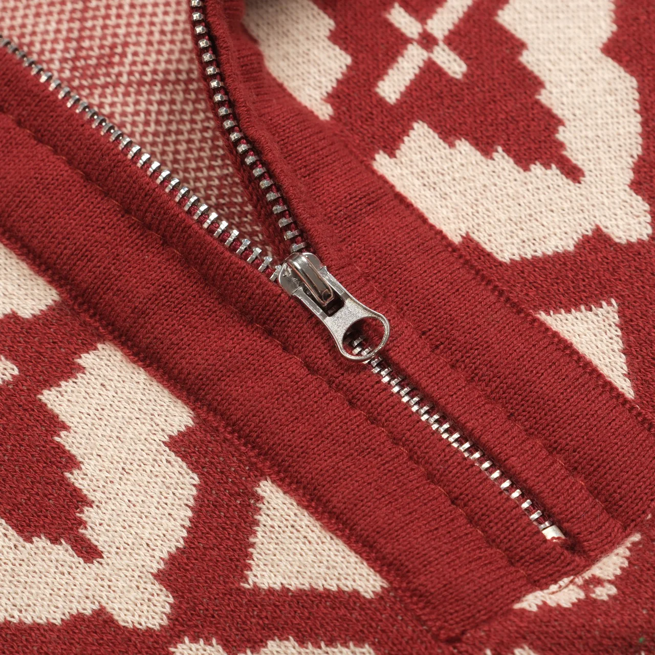 Women's vintage red jacquard zipper V-neck polo - Image 5