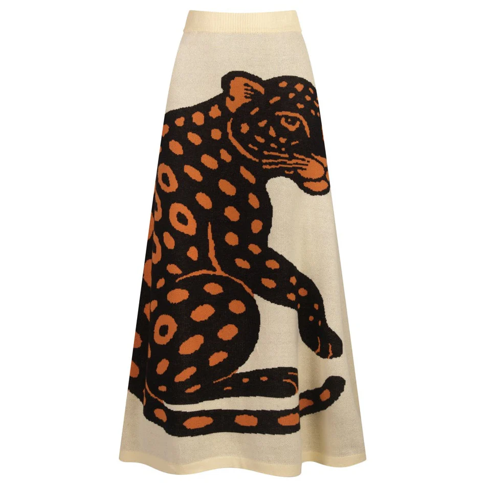 Women's white apricot-colored cheetah retro knitted skirt