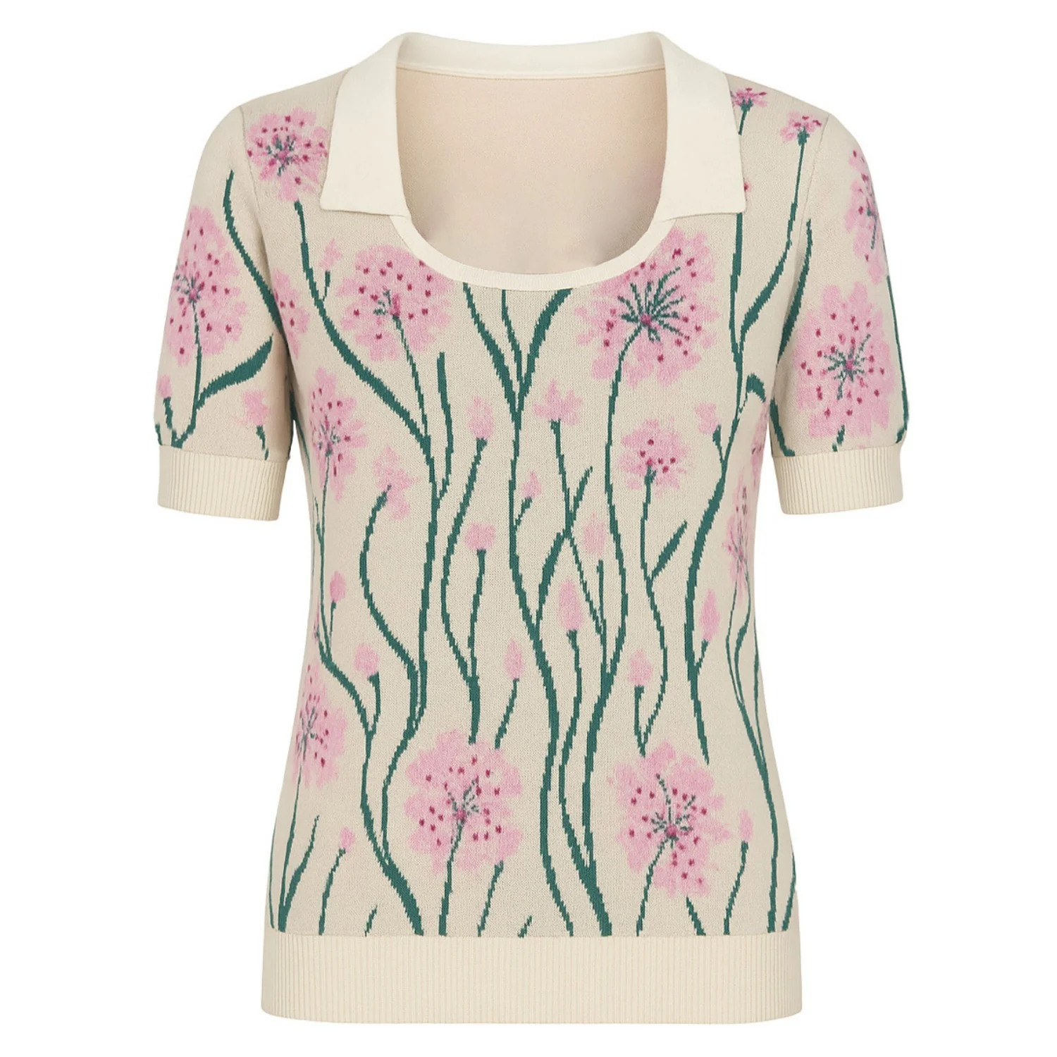 Women's white apricot flower jacquard vintage polo shirt