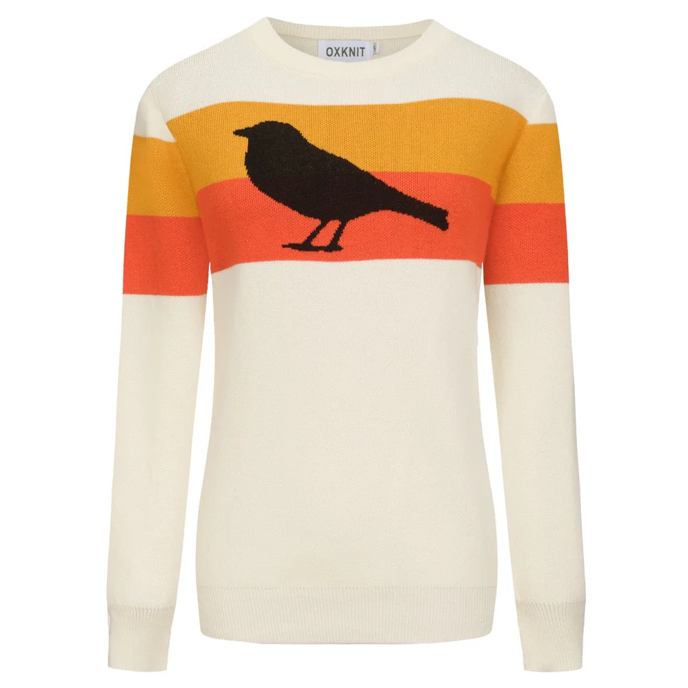 Women's white apricot striped bird jacquard knitwear