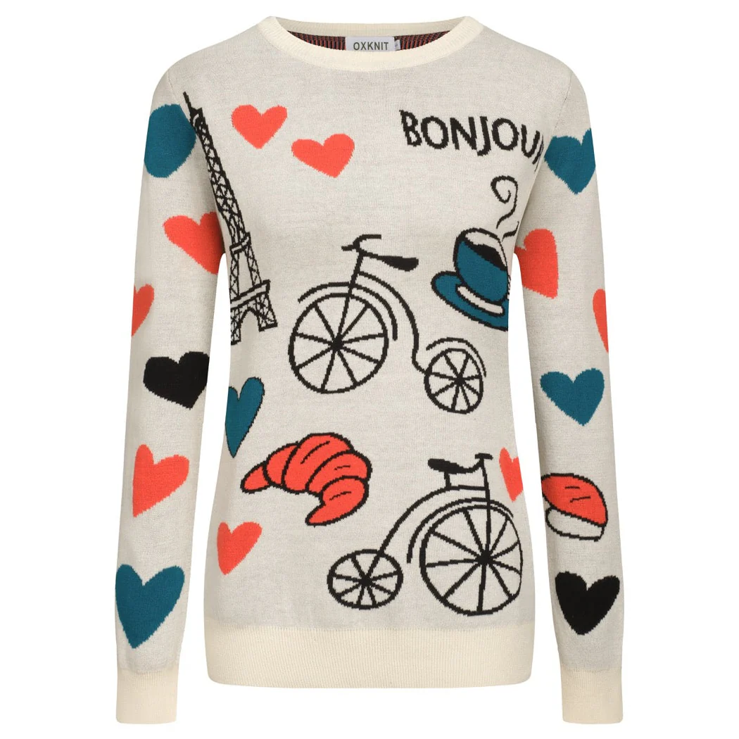 Women's white Paris Tower theme knitwear