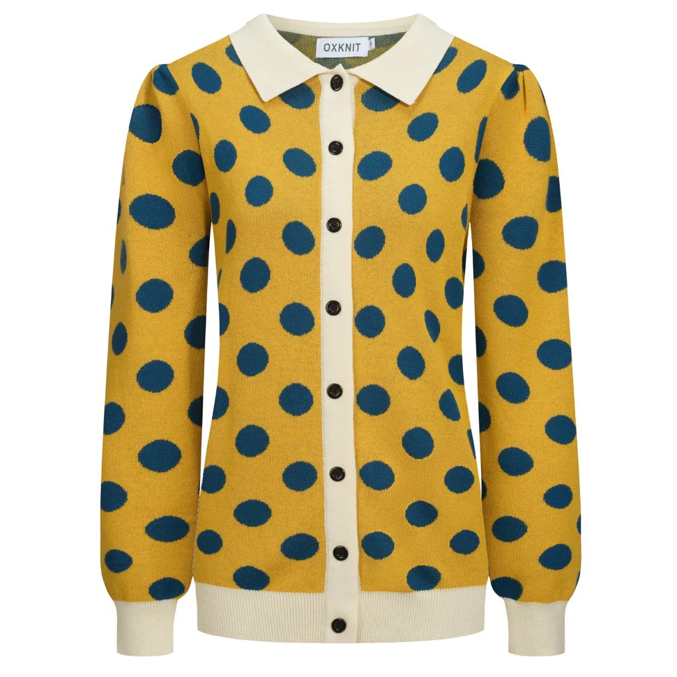 Women's yellow polka dot jacquard puffed sleeve knitted cardigan