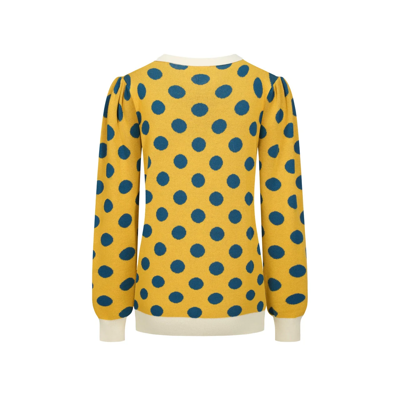 Women's yellow polka dot jacquard puffed sleeve knitted cardigan - Image 3